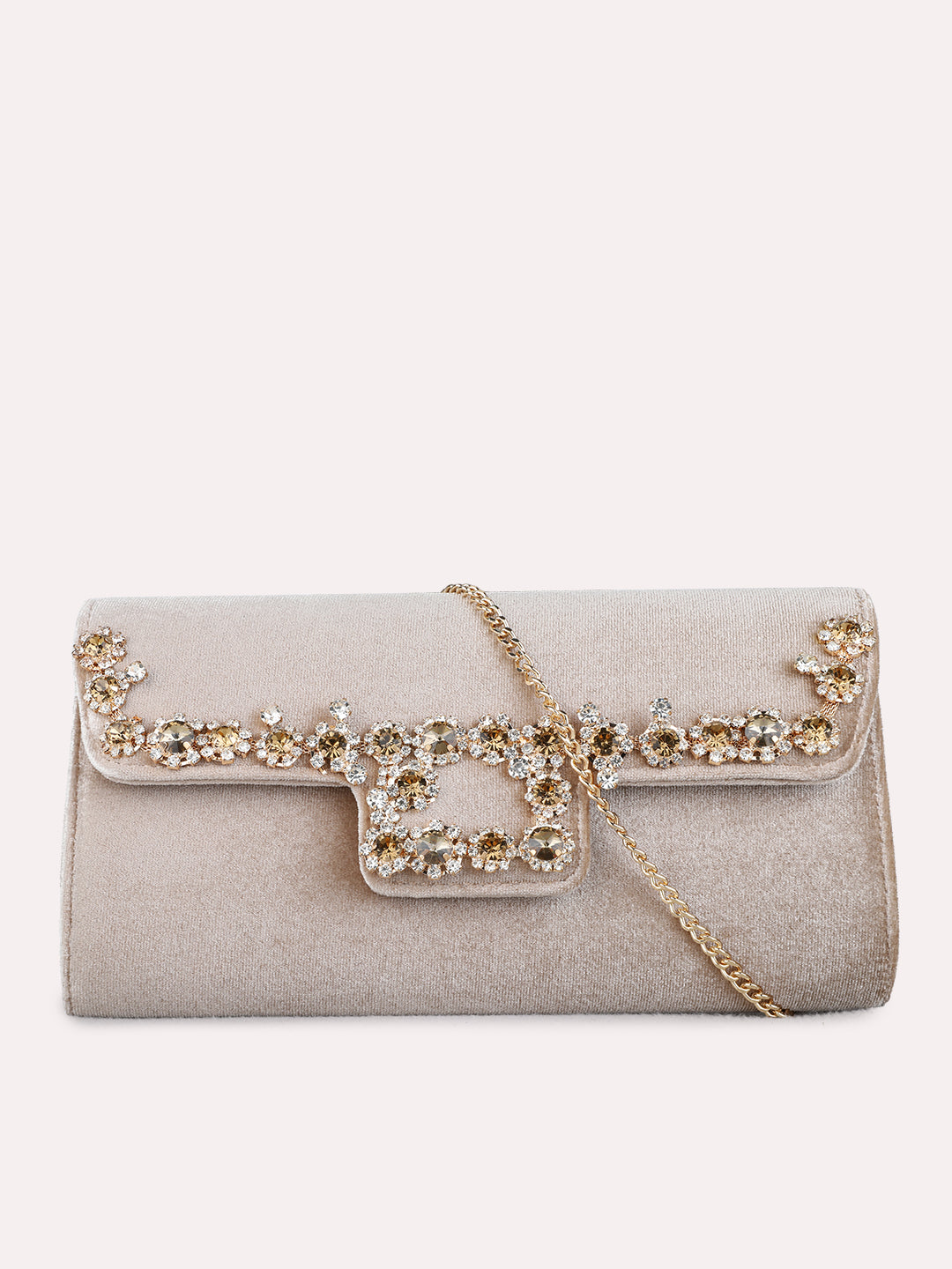 Women Golden Embellished Clutch Bag With Magnet Lock For Party
