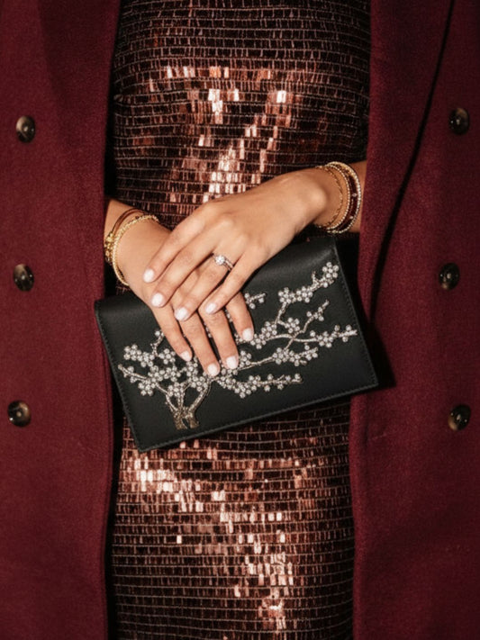 Women Black Embellished Clutch Bag With Magnet Lock For Party