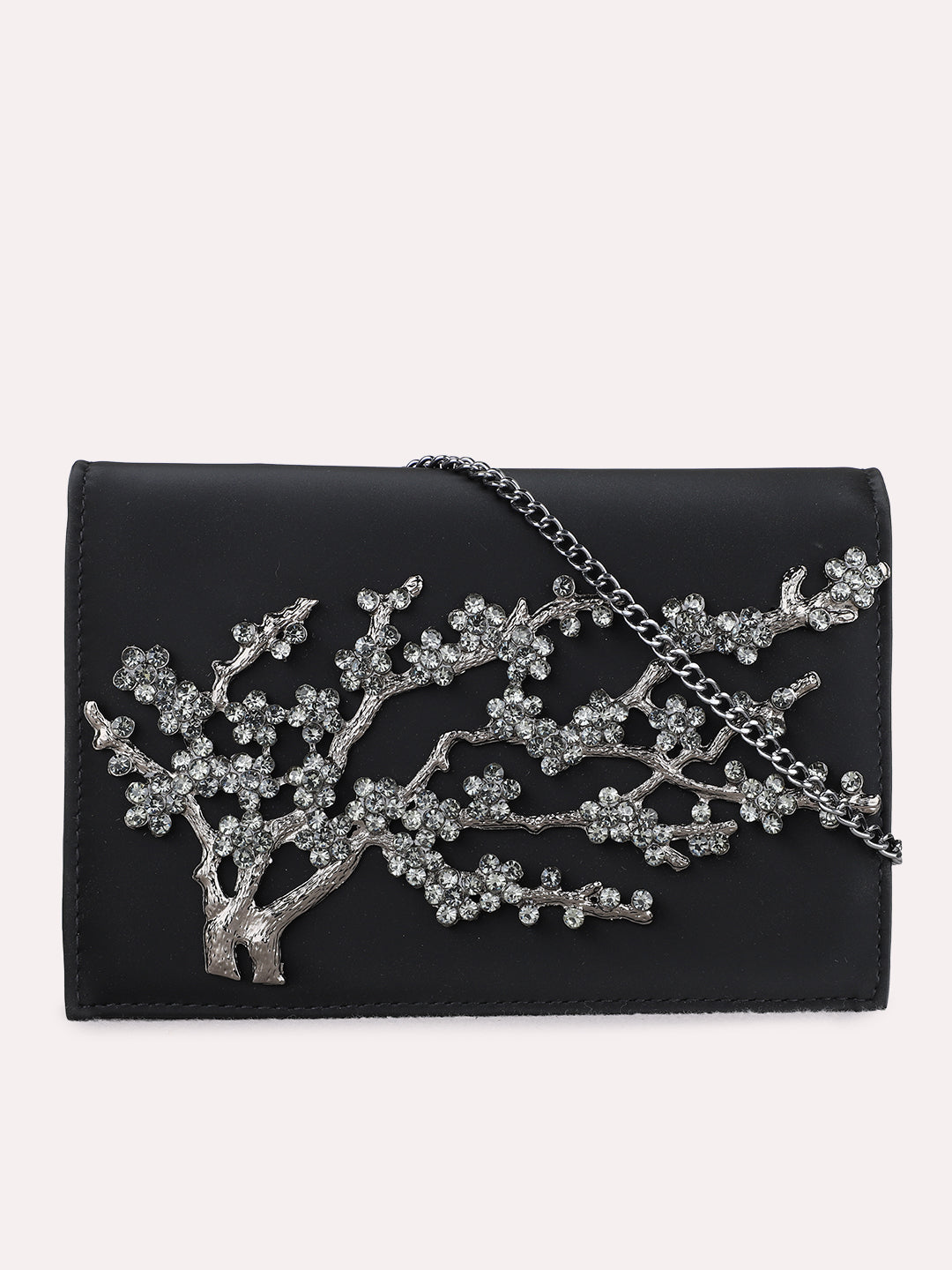Women Black Embellished Clutch Bag With Magnet Lock For Party