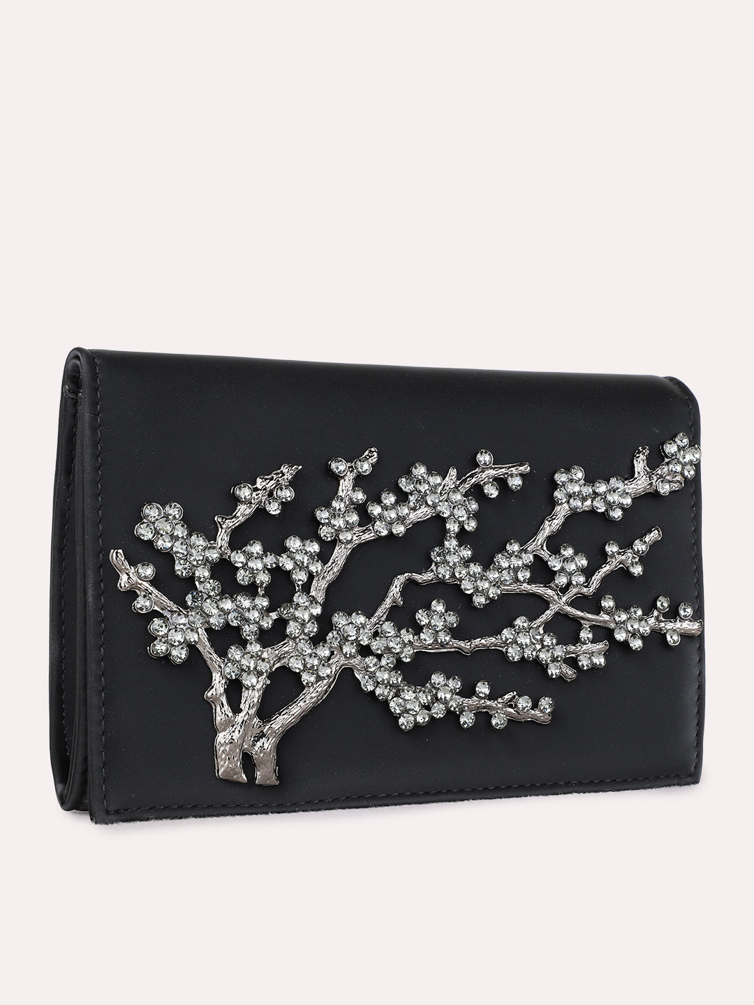 Women Black Embellished Clutch Bag With Magnet Lock For Party
