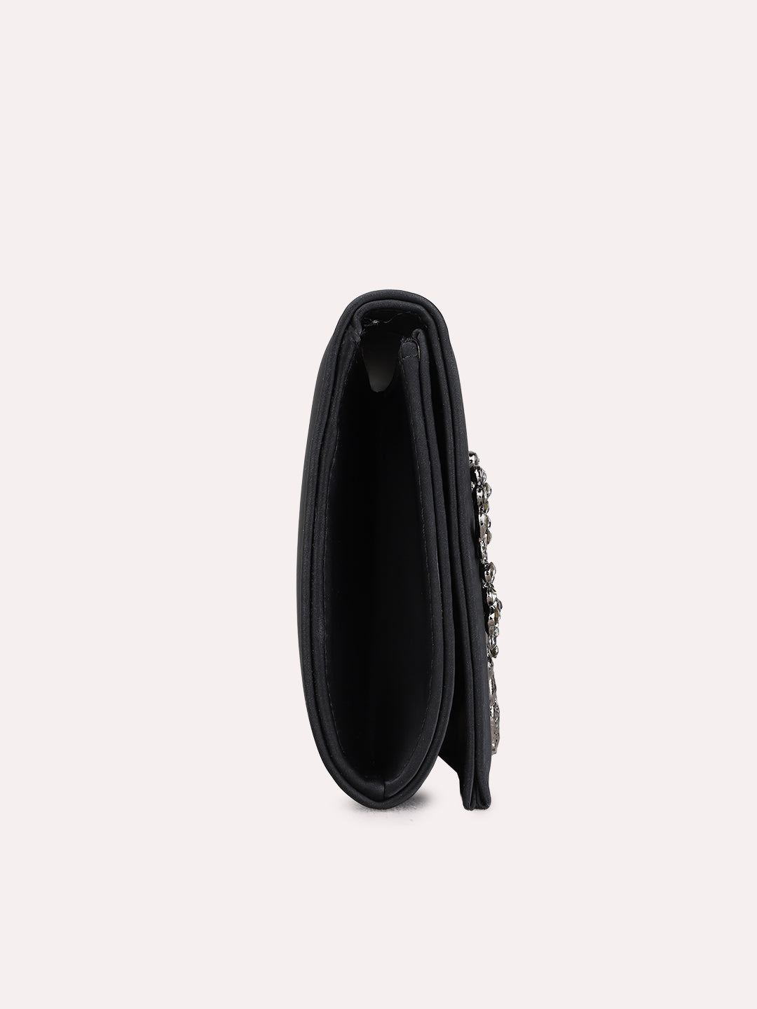 Women Black Embellished Clutch Bag With Magnet Lock For Party