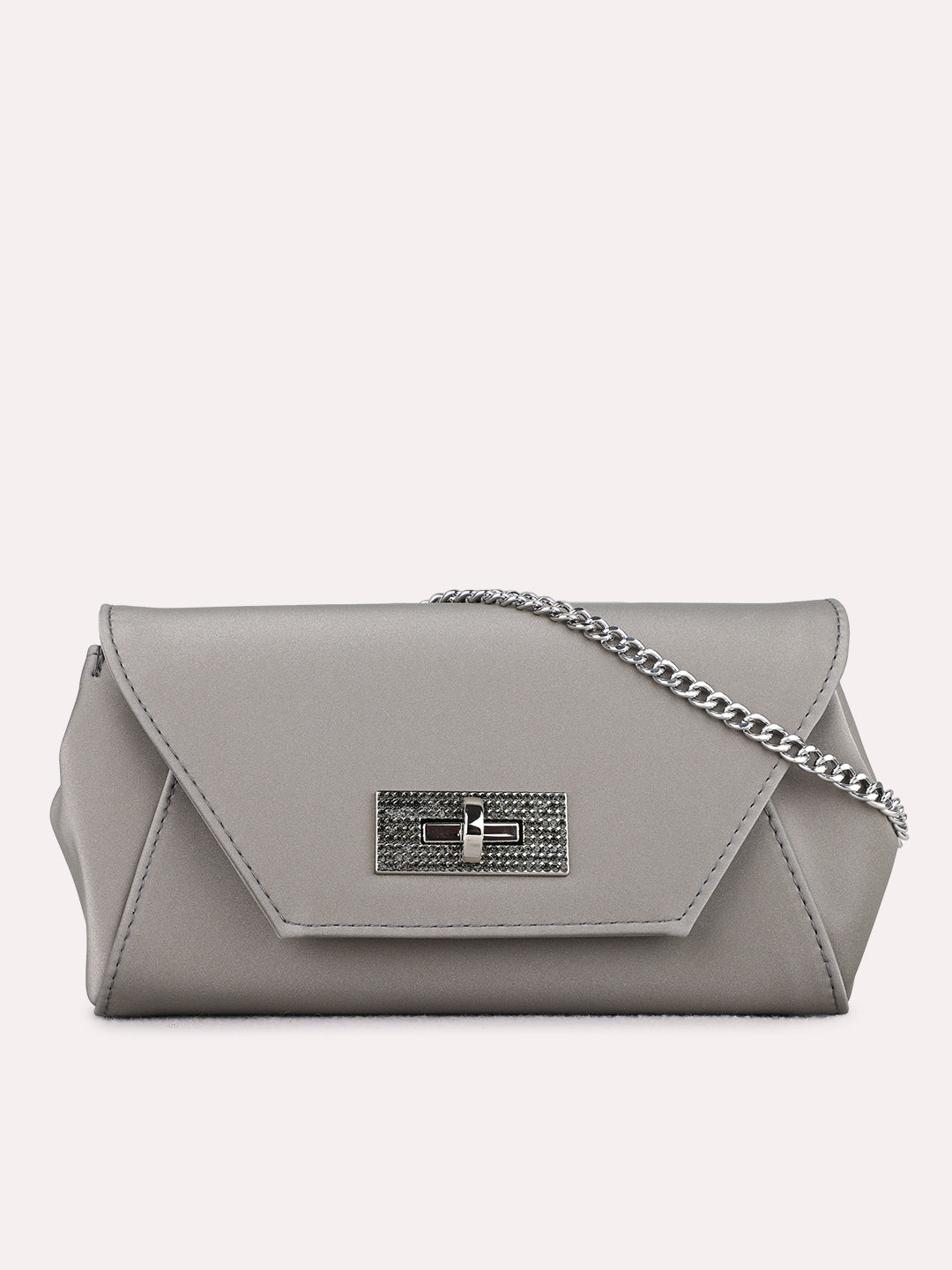 Women Grey Solid Sling Bag With Twist Lock For Party