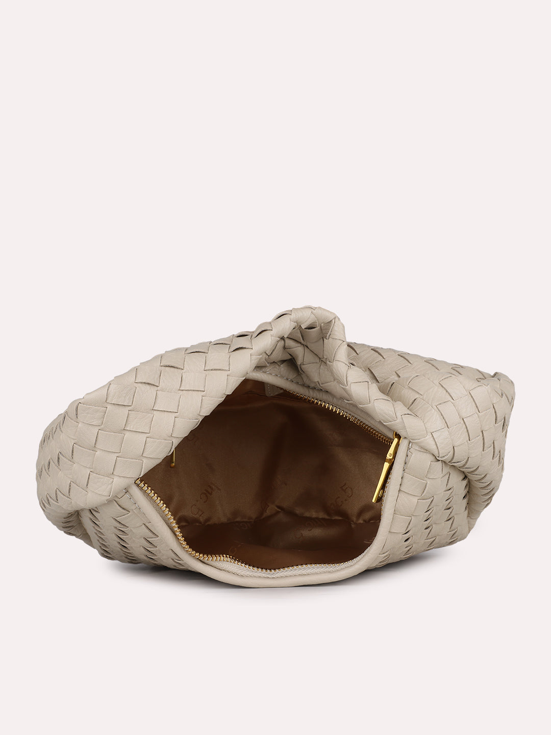 Womens Beige Party Textured Handbag With Zipper