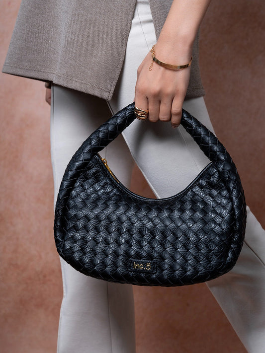 Womens Black Party Textured Handbag With Zipper