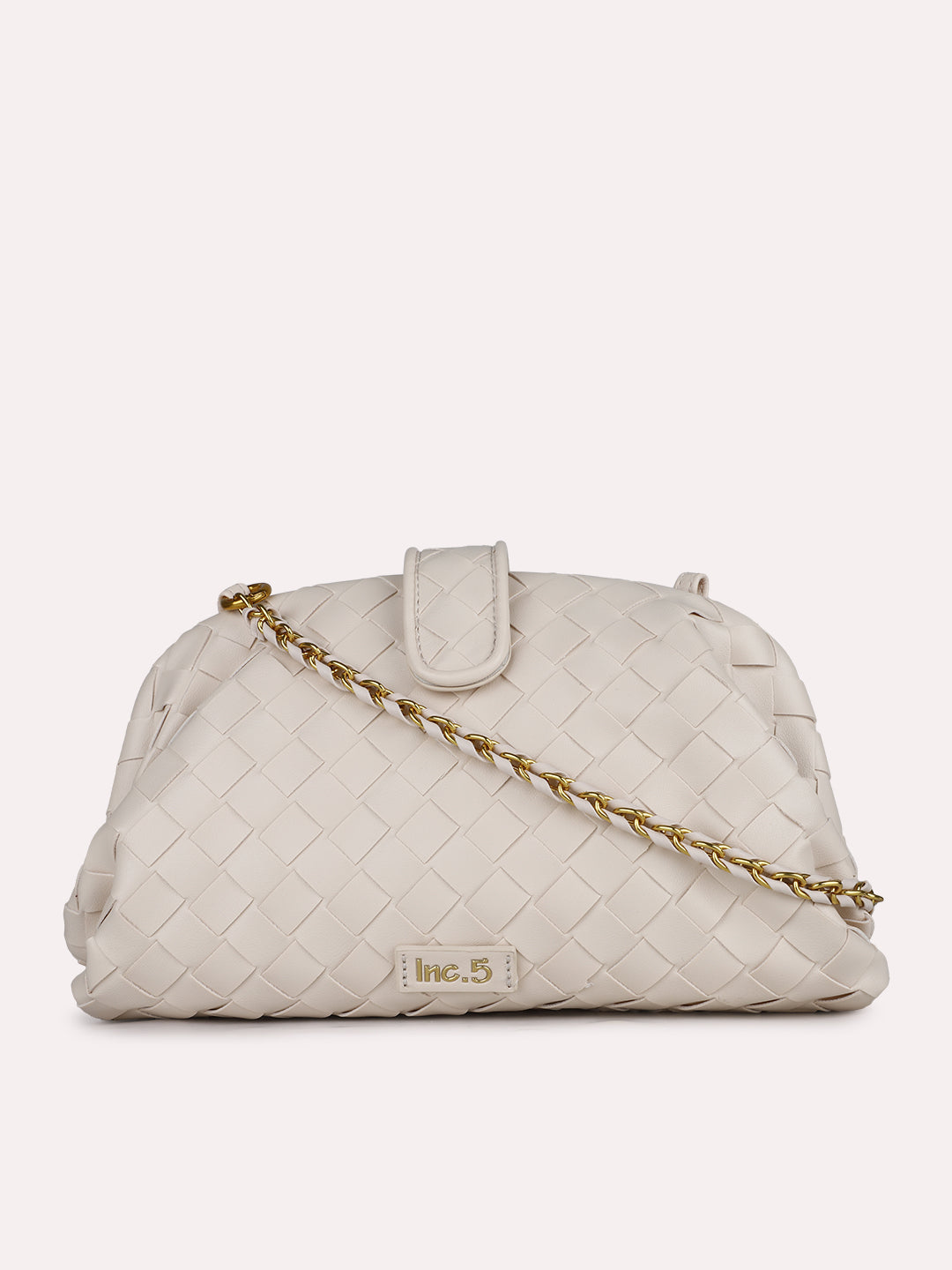 Womens Cream Textured Sling Bag With Magnet Lock