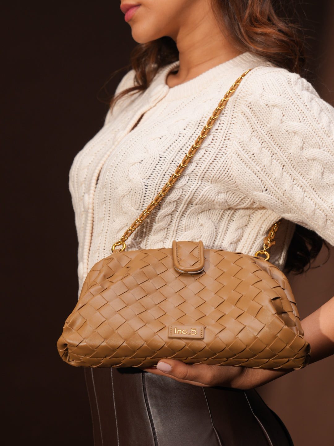 Womens Khaki Textured Sling Bag With Magnet Lock