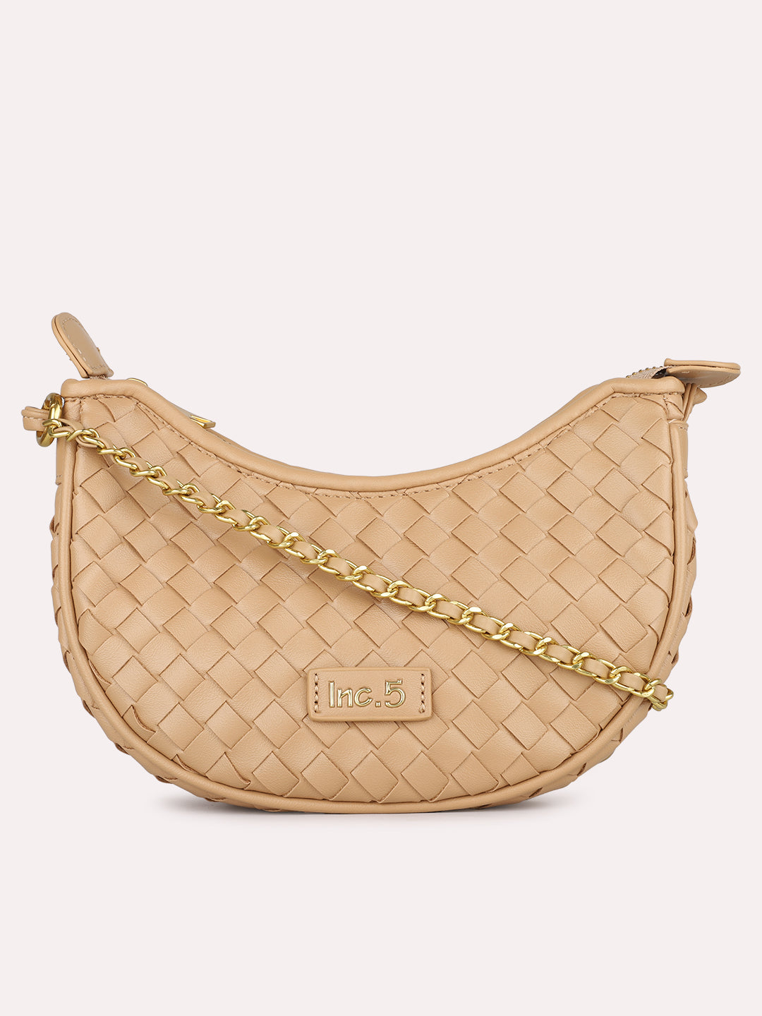 Womens Beige Textured Sling Bag With Zip Lock