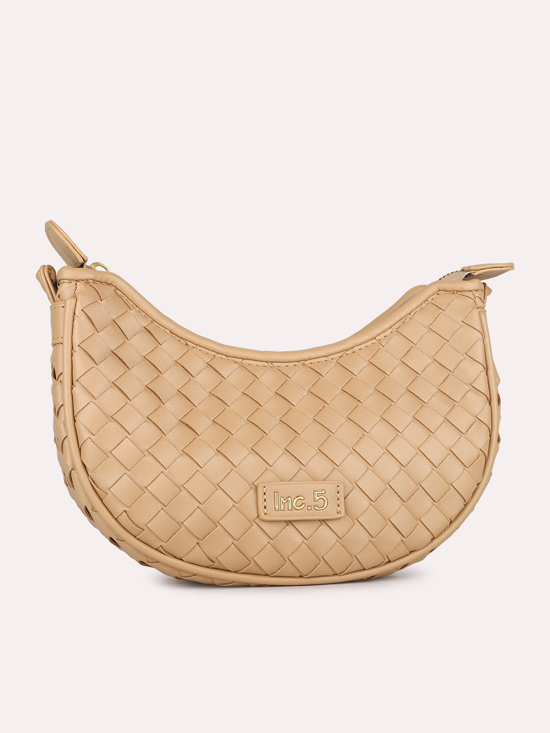 Womens Beige Textured Sling Bag With Zip Lock