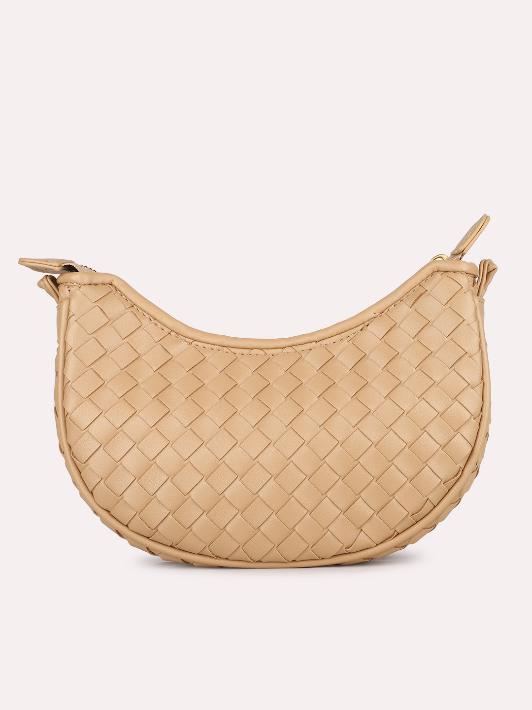 Womens Beige Textured Sling Bag With Zip Lock