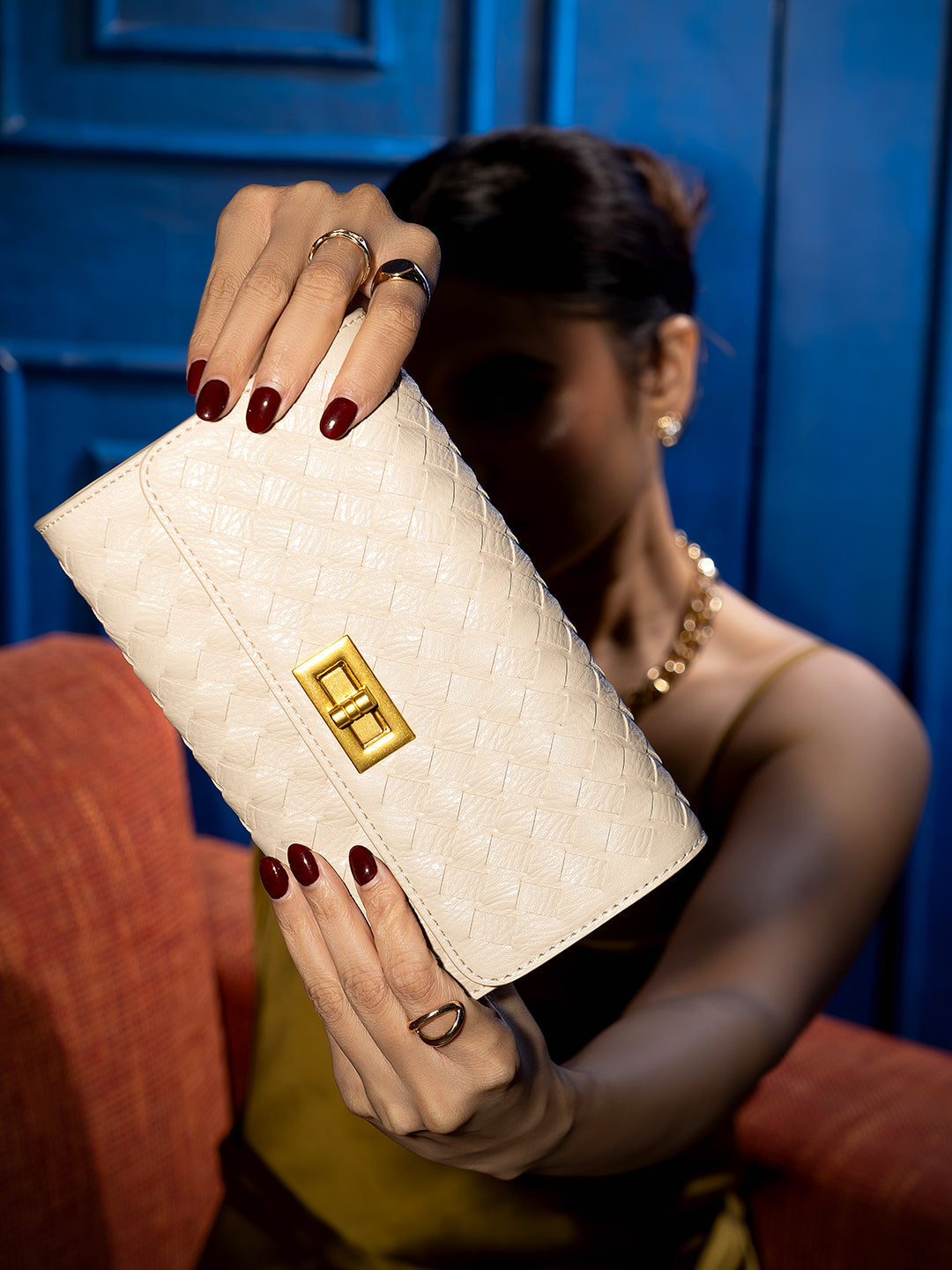 Womens Beige Textured Clutch With Twist Lock