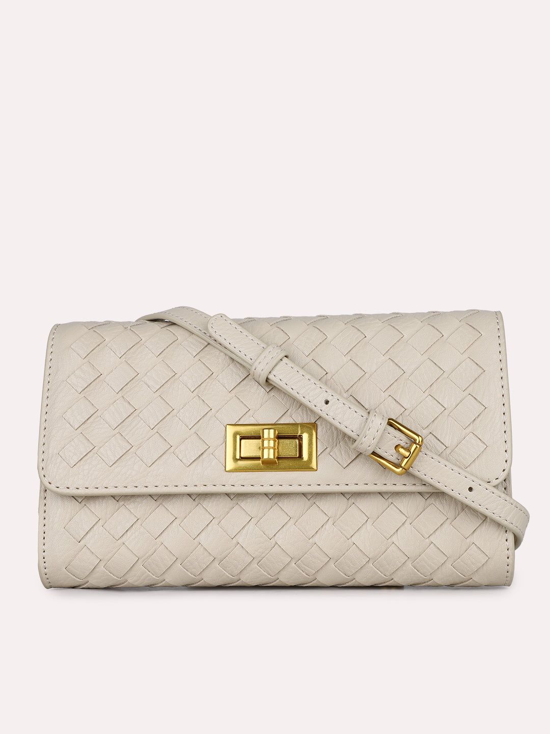 Womens Beige Textured Clutch With Twist Lock