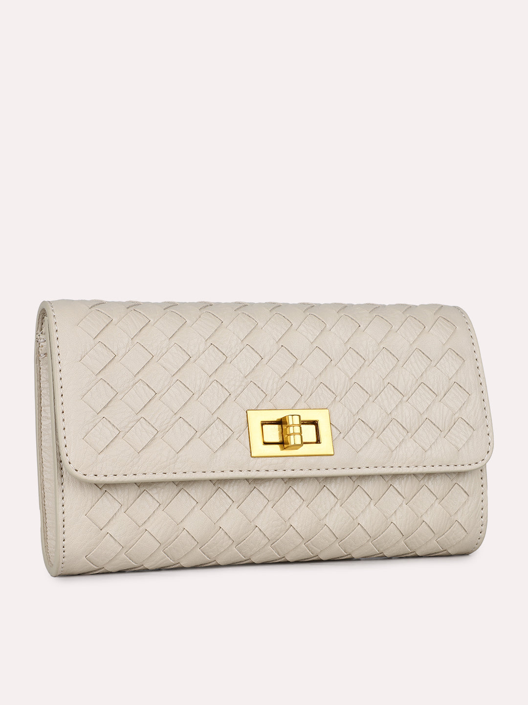 Womens Beige Textured Clutch With Twist Lock