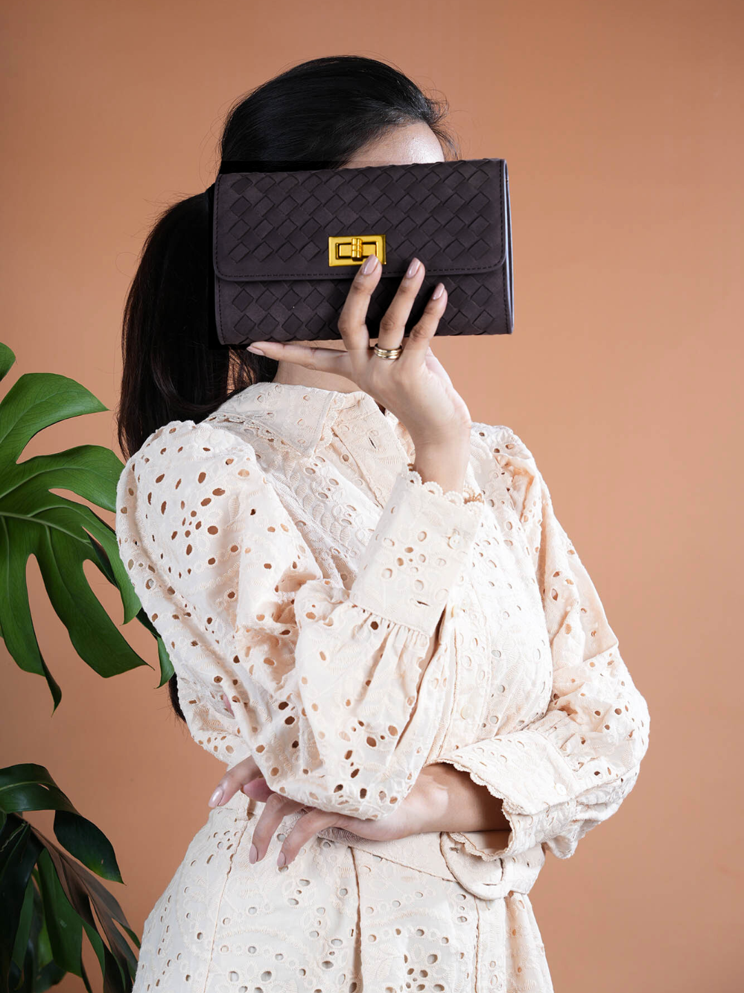 Womens Black Textured Clutch With Twist Lock