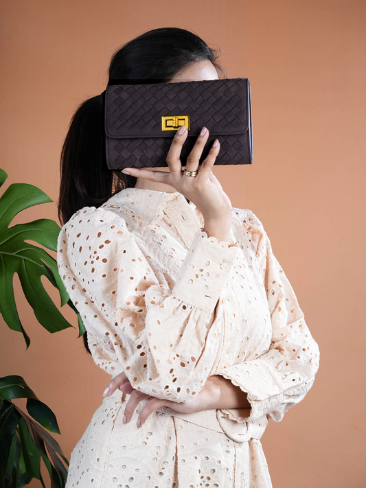Womens Black Textured Clutch With Twist Lock