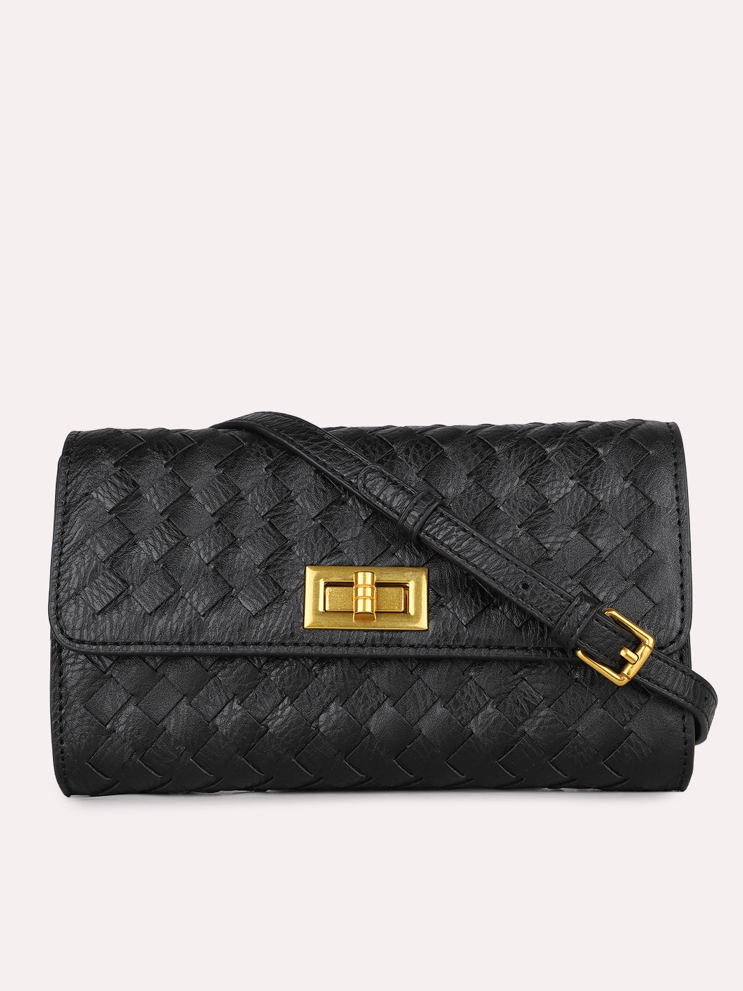 Womens Black Textured Clutch With Twist Lock