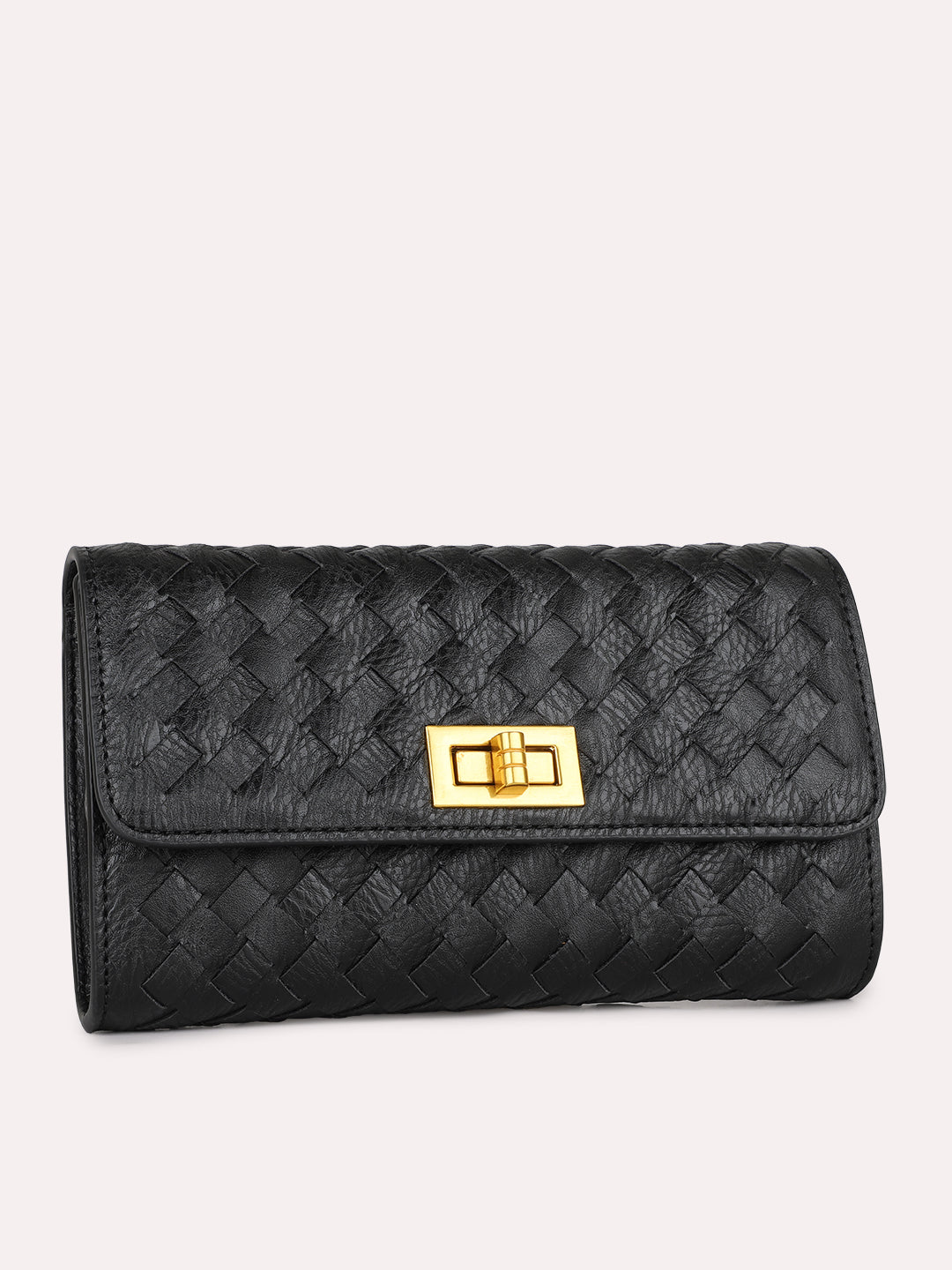 Womens Black Textured Clutch With Twist Lock