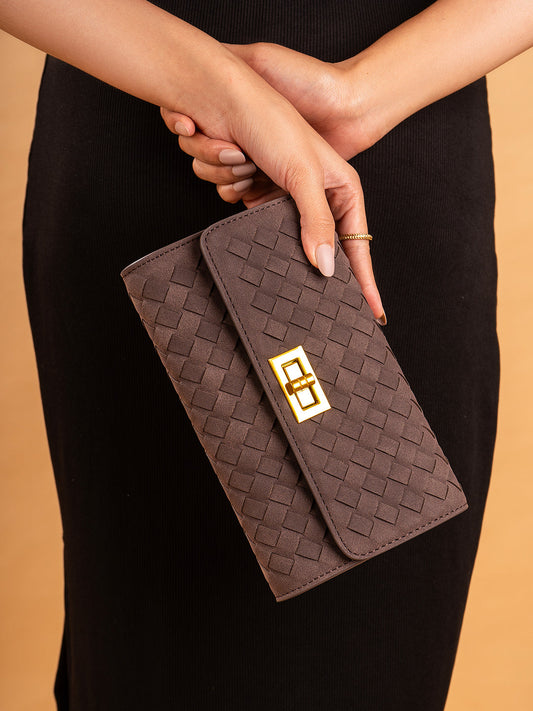 Womens Coffee Brown Textured Clutch With Twist Lock