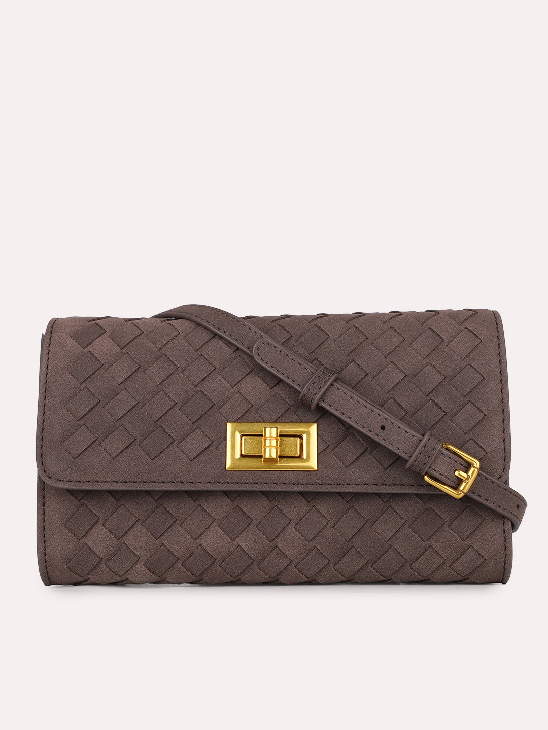 Womens Coffee Brown Textured Clutch With Twist Lock