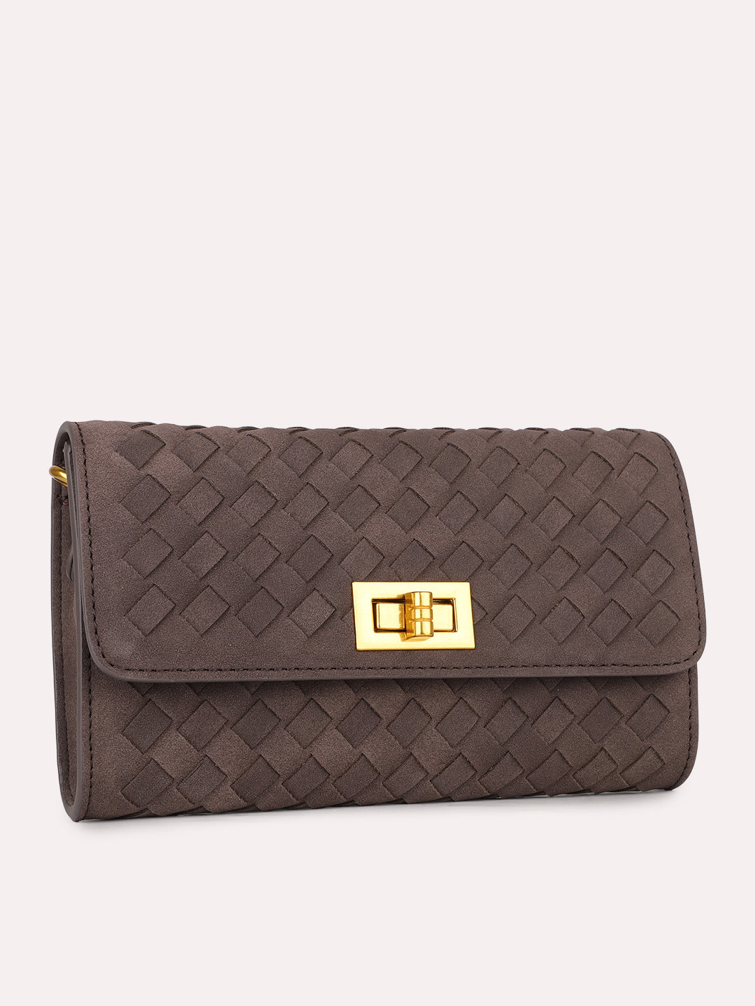 Womens Coffee Brown Textured Clutch With Twist Lock