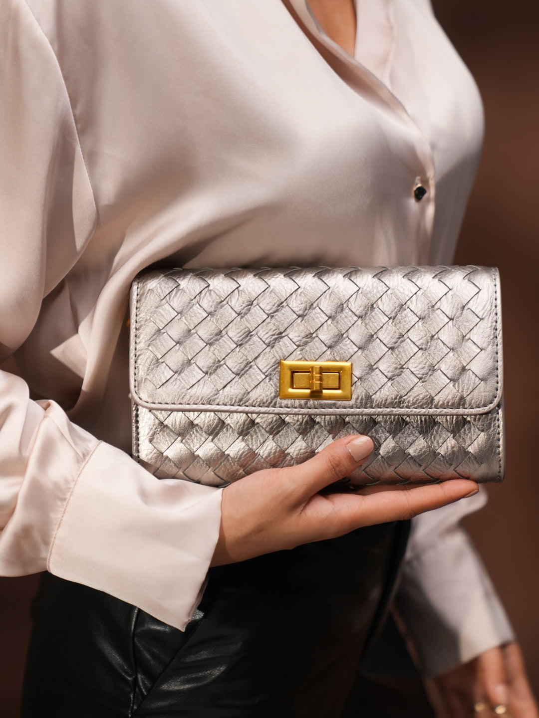 Womens Grey Textured Clutch With Twist Lock