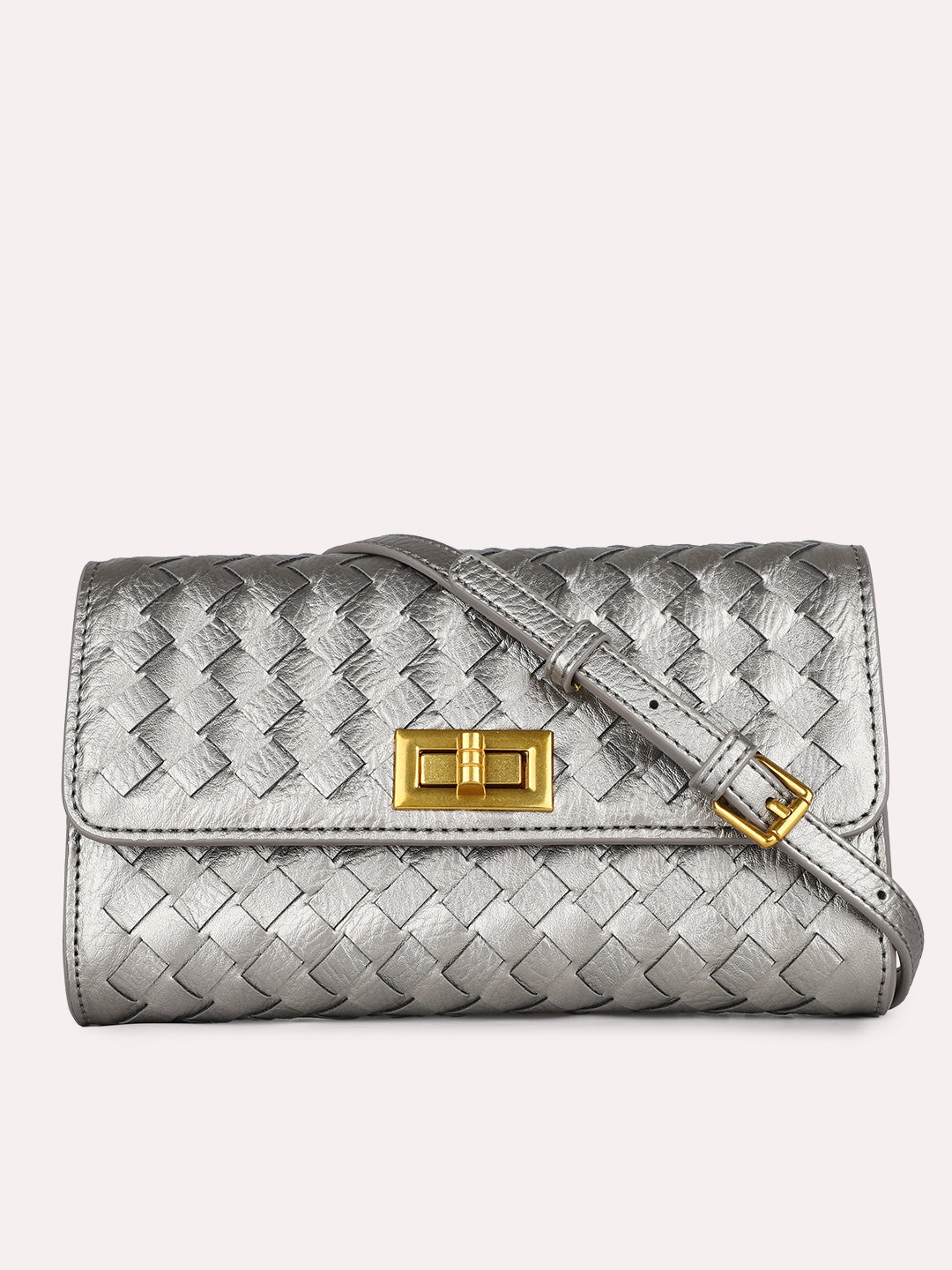 Womens Grey Textured Clutch With Twist Lock