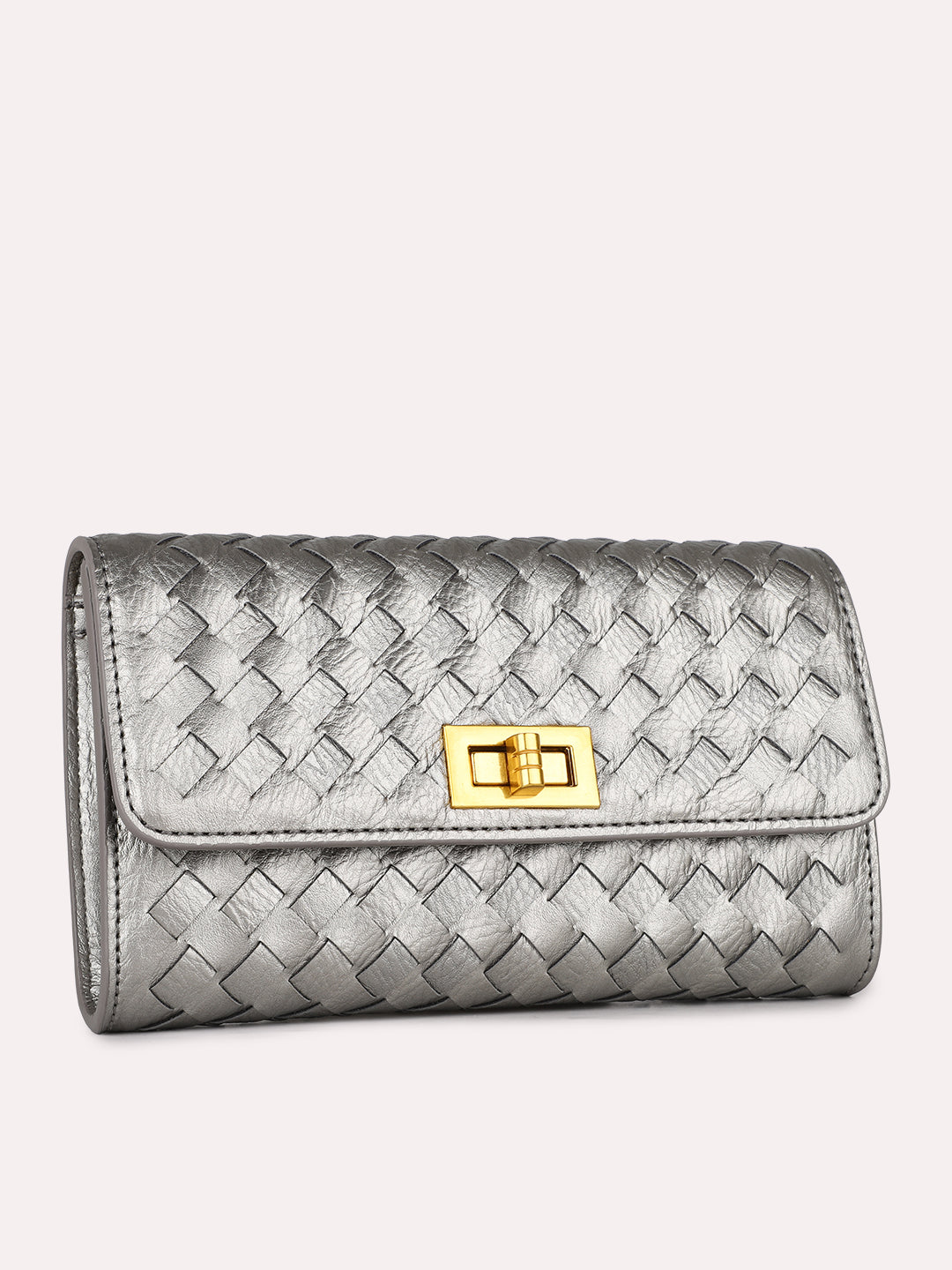 Womens Grey Textured Clutch With Twist Lock