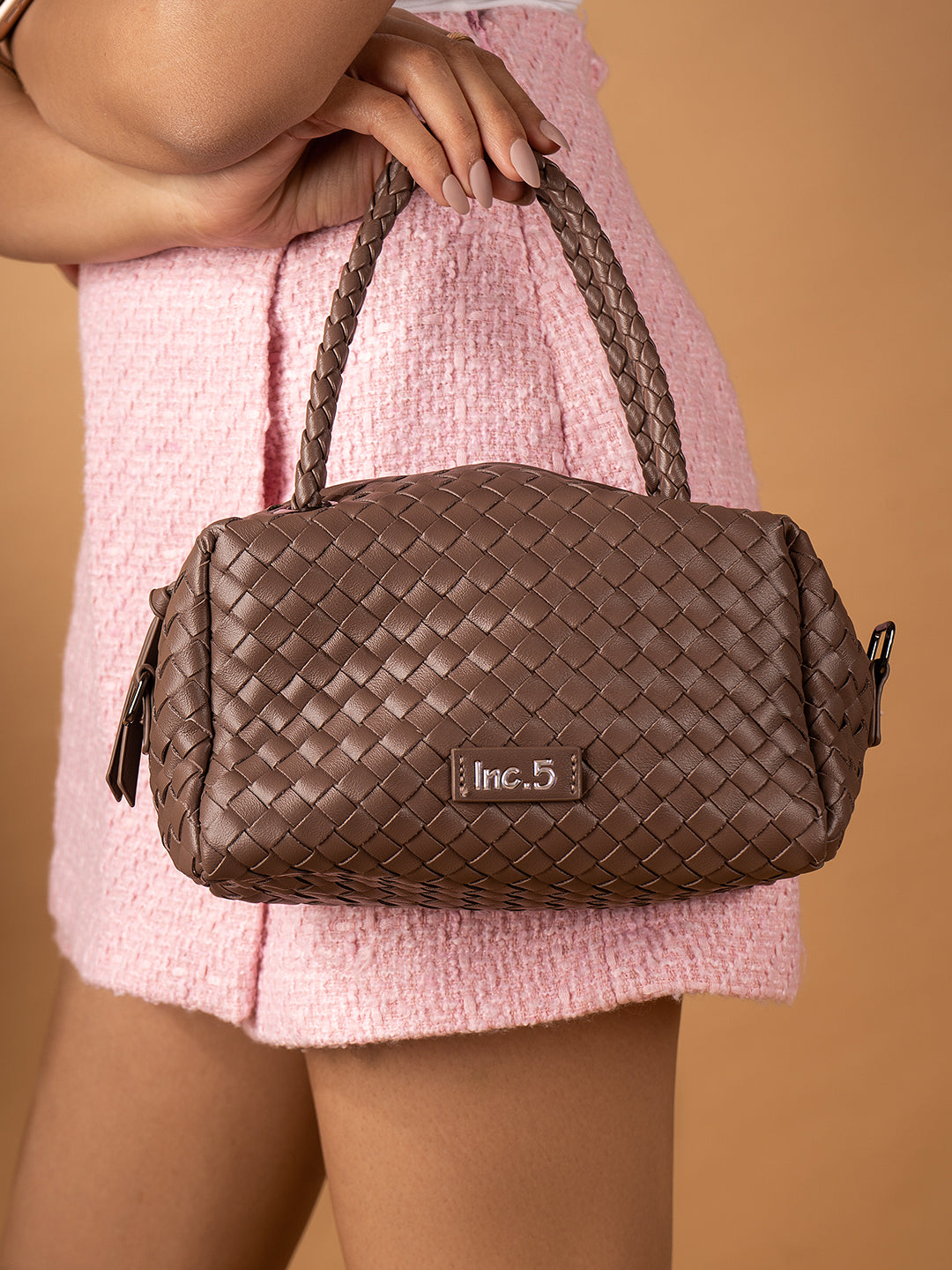 Womens Brown Textured Handbag With Zip Lock