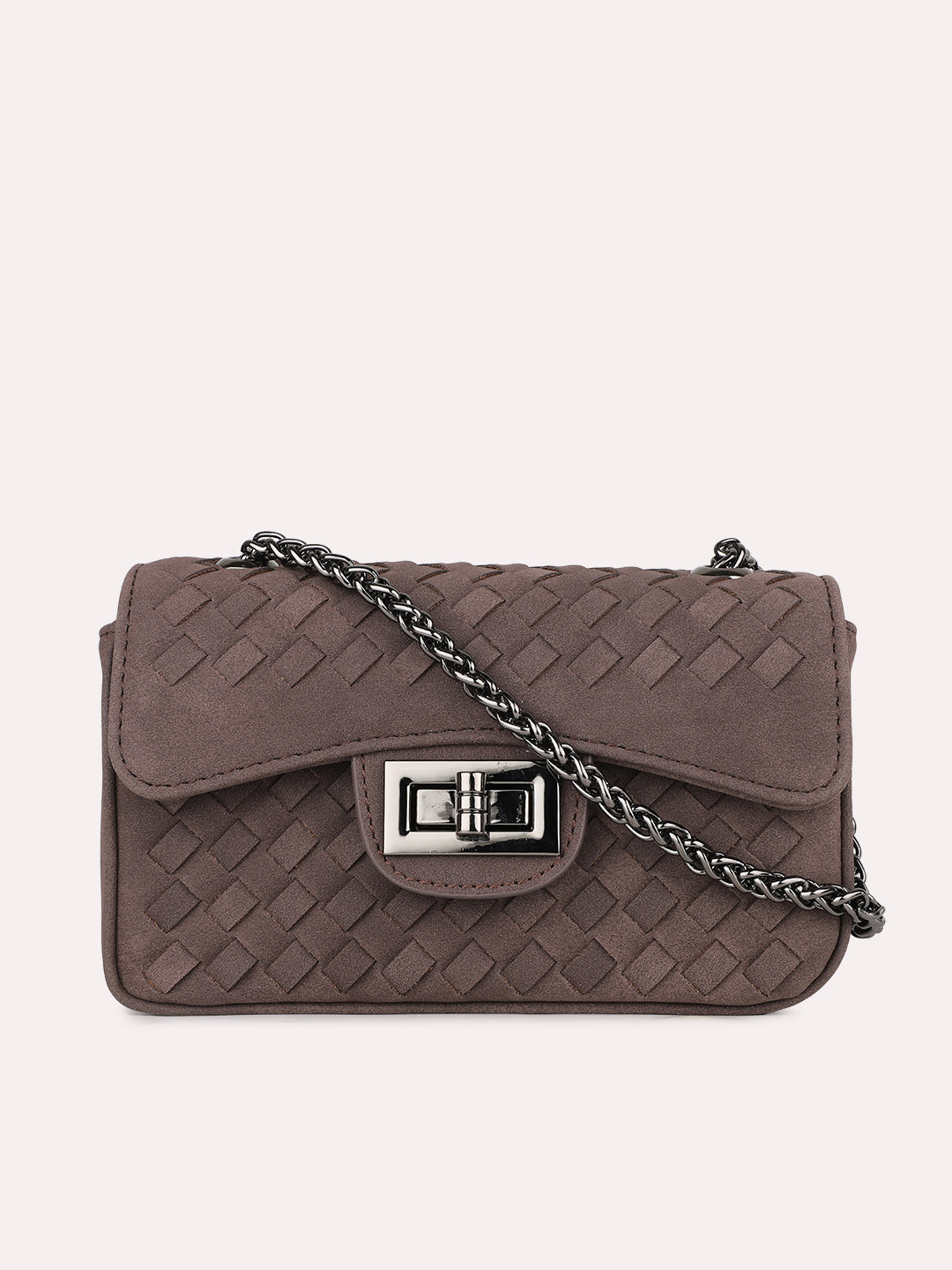 Womens Brown Party Textured Sling Bag With Twist Lock
