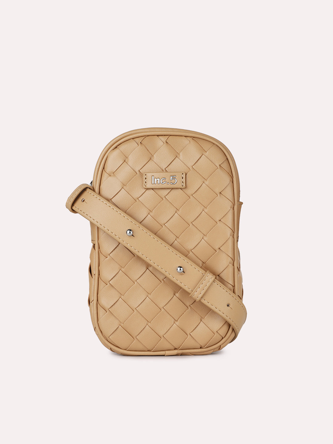 Womens Beige Textured Phone Sling Bag With Zip Lock