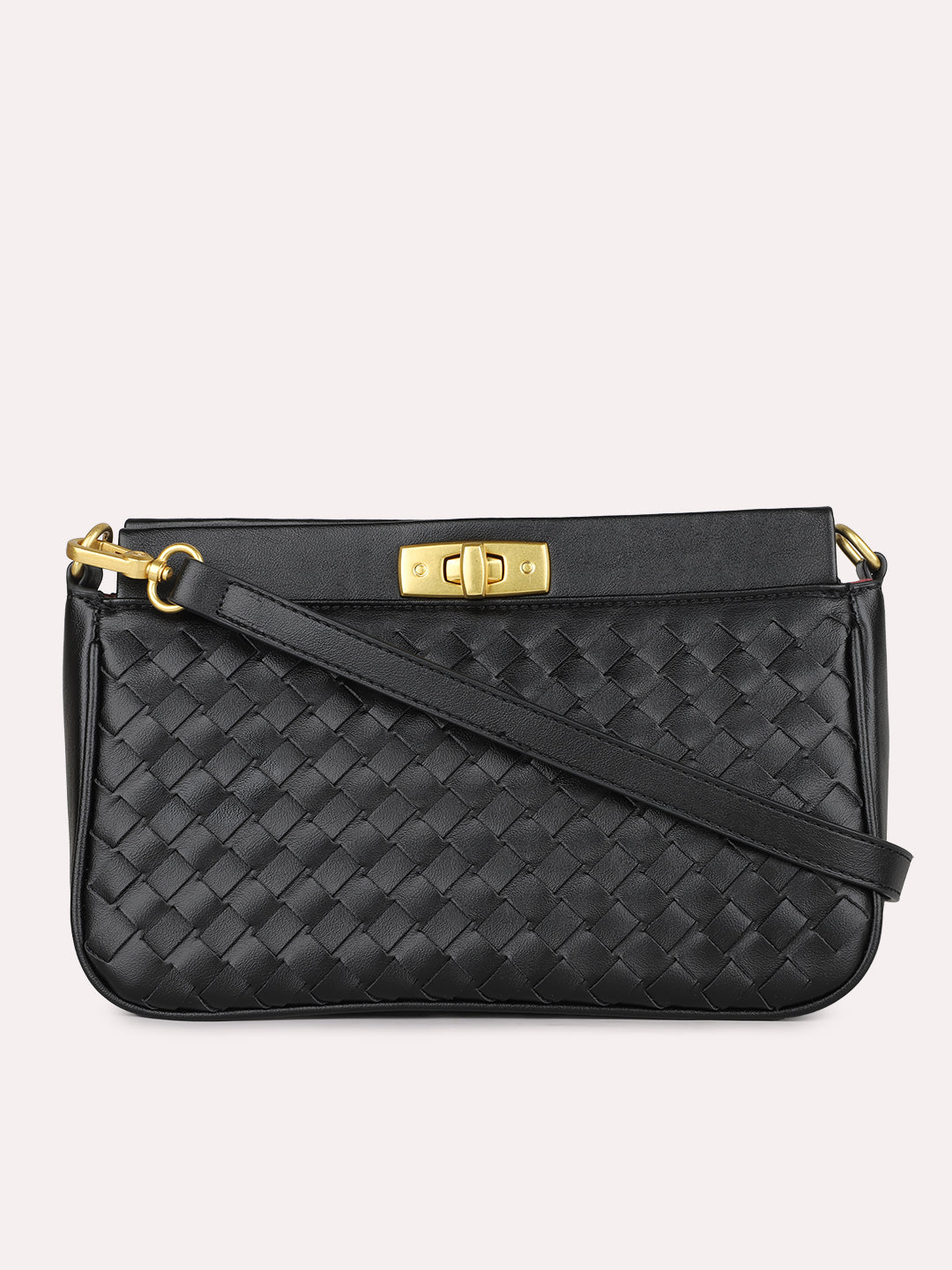 Womens Black Textured Sling Bag With Twist Lock