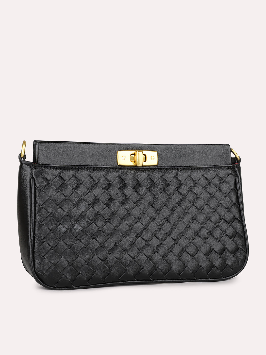 Womens Black Textured Sling Bag With Twist Lock