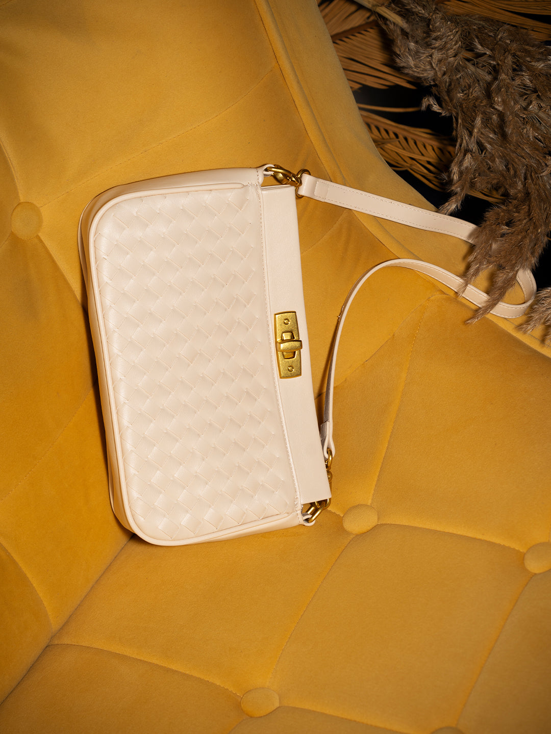 Womens Cream Textured Sling Bag With Twist Lock