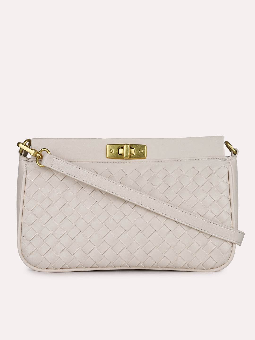 Womens Cream Textured Sling Bag With Twist Lock