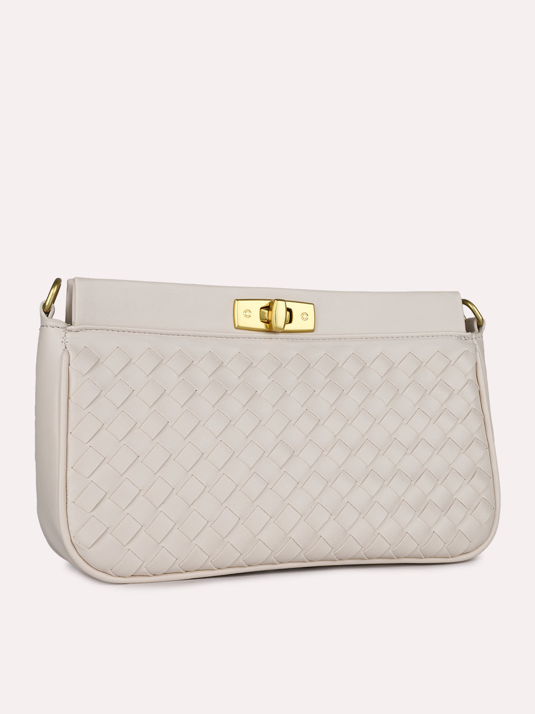 Womens Cream Textured Sling Bag With Twist Lock