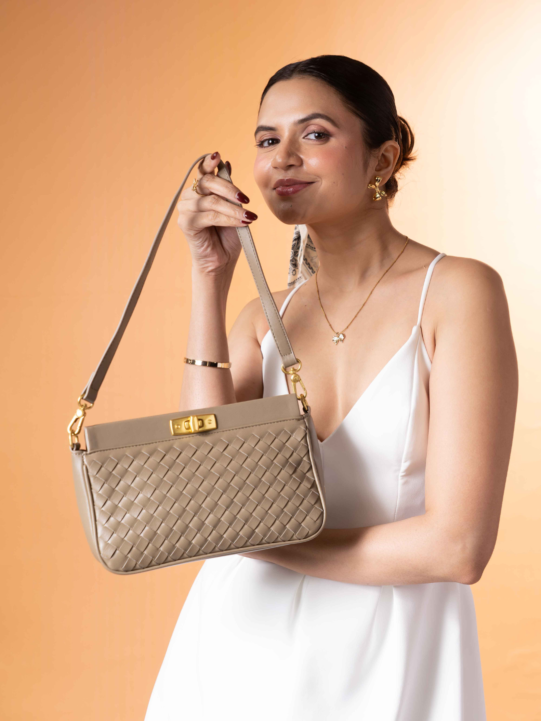 Womens Olive Textured Sling Bag With Twist Lock