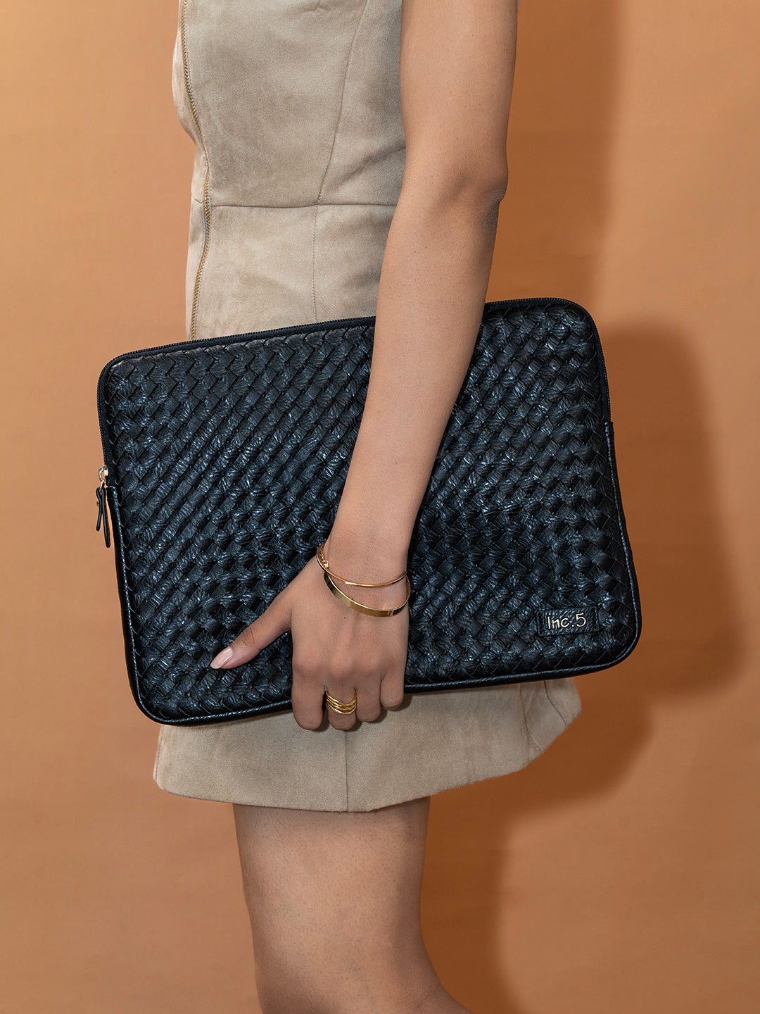 Womens Black Textured Laptop Bag With Zip Lock