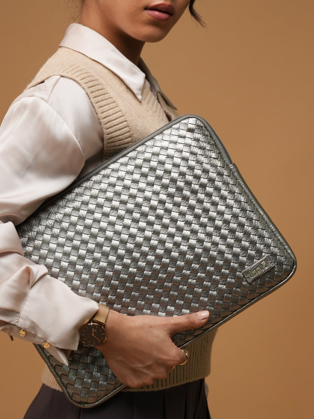 Womens Grey Textured Laptop Bag With Zip Lock
