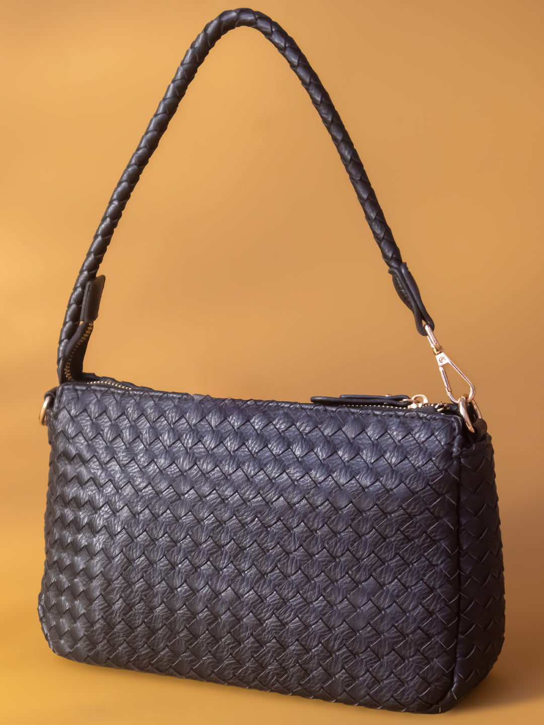 Women Black Woven Design Structured Sling Bag