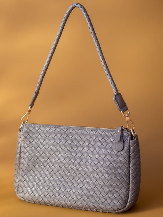 Women Light Grey Woven Design Structured Sling Bag