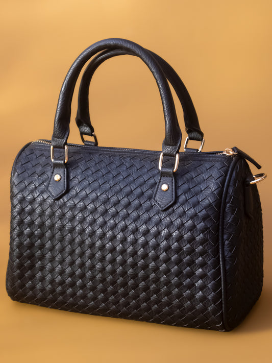 Women Black Woven Textured Structured Handheld Bag