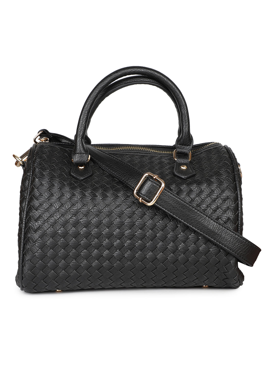 Women Black Woven Textured Structured Handheld Bag