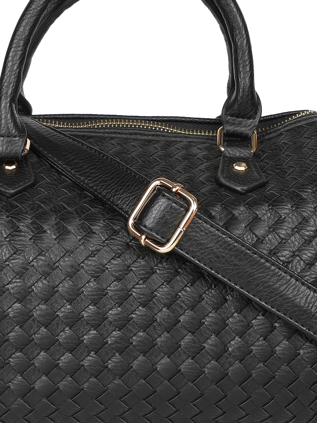 Women Black Woven Textured Structured Handheld Bag