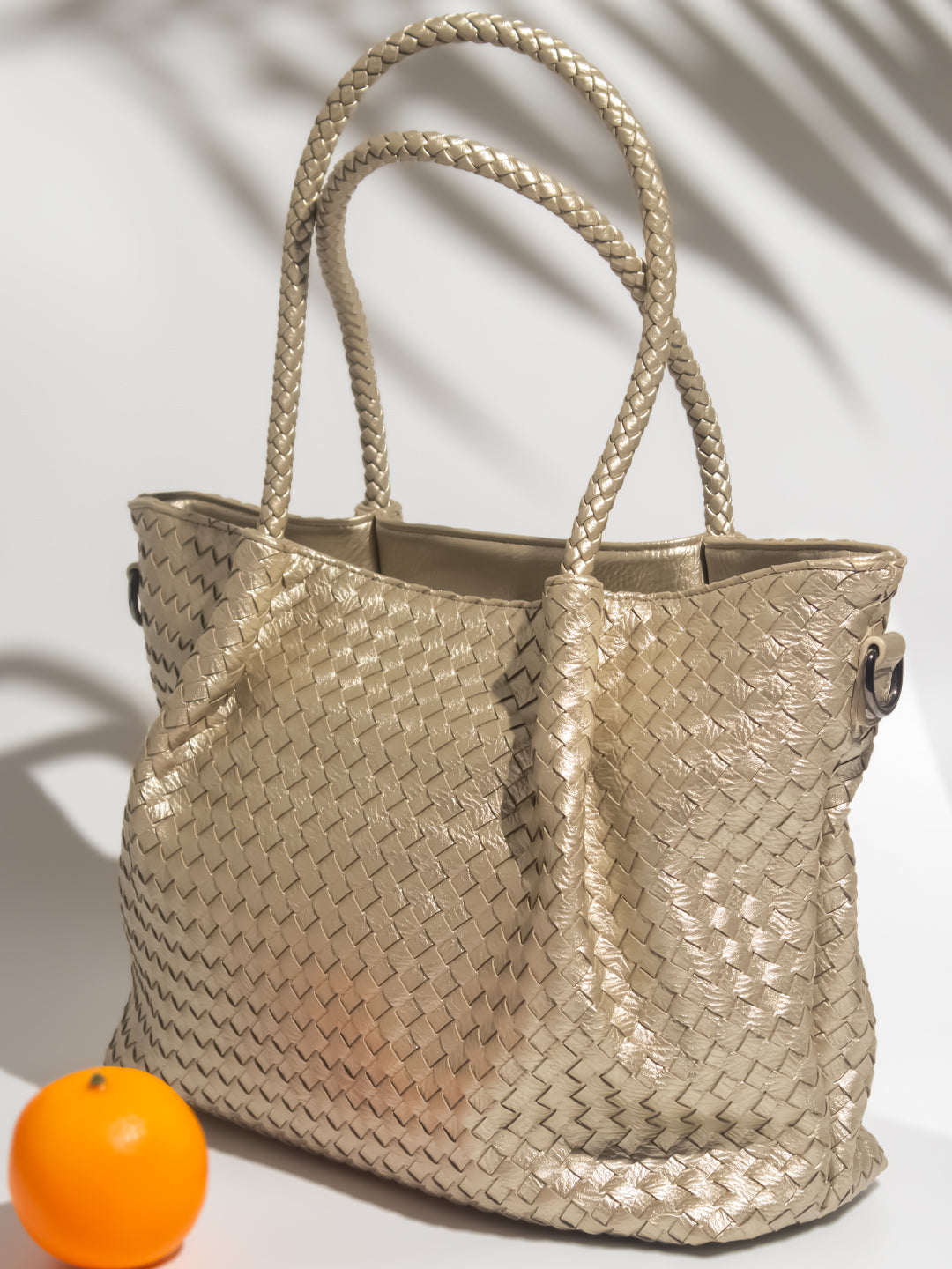 Women Gold Woven Design Structured Shoulder Bag