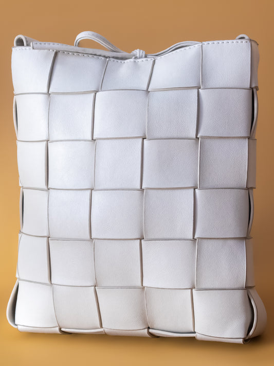 Women Beige Woven Design Structured Tote Bag