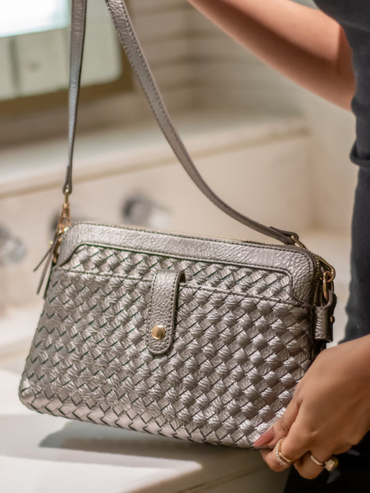 Women Grey Textured Design Sling Bag With Zip