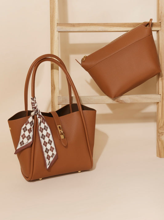 Women Tan Solid Structured Oversized Tote Bag With Buckle Detail
