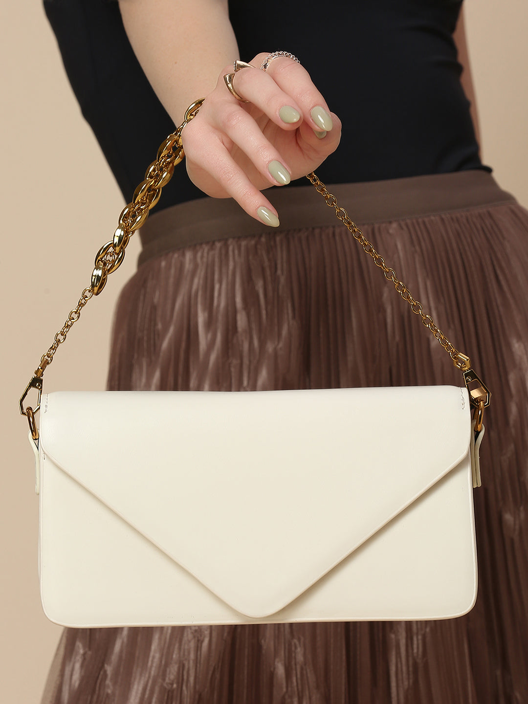 Women Off White Envelope Sling Clutch with Chain Handle