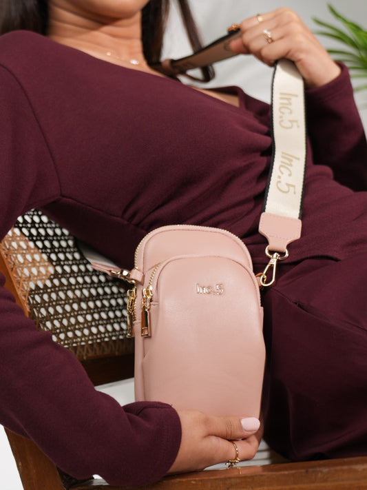 Womens Peach Casual Solid Phone Sling Bag With Zip Lock