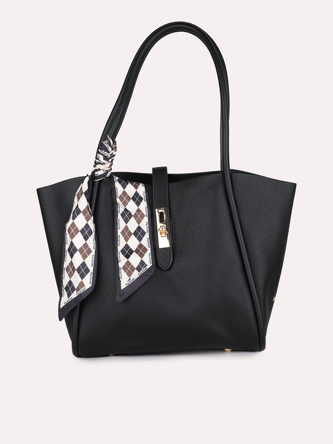 Women Black Solid Structured Oversized Tote Bag With Buckle Detail