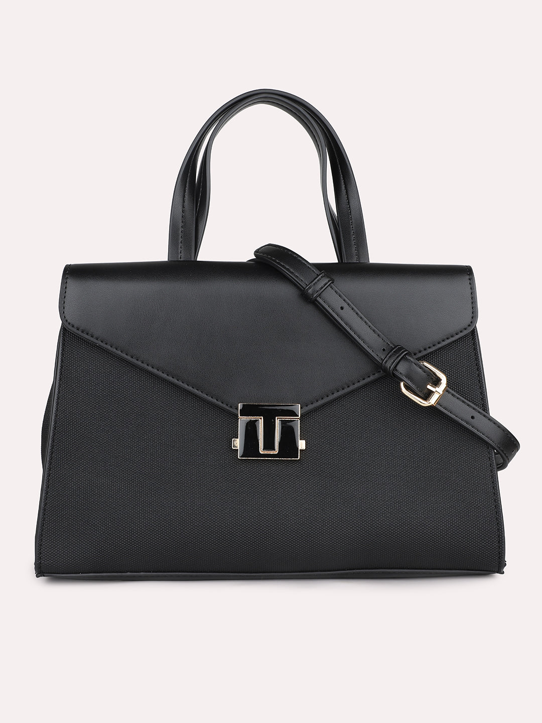 Women Black Textured PU Structured Handheld Bag